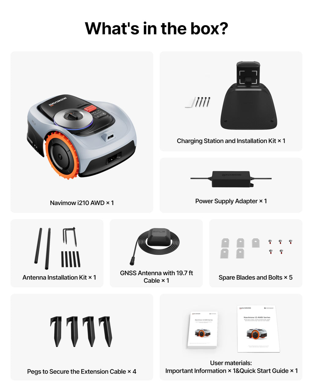 Segway  i210 AWD Robot Lawn Mower Wire with GaraS, All-Wheel Drive for 45% Slopes, EFLS NRTK + Vision Auto Mapping, Covers 1/4 Acre (GaraShipped Separately)