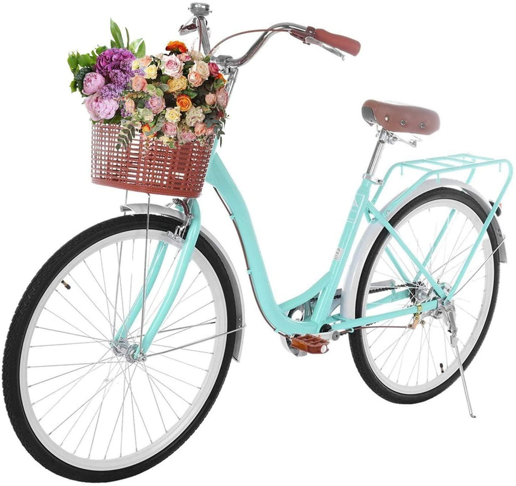 26”/24“ Cruiser Bike, Classic Bicycle Retro Bicycle with Assembly Tool, Basket Retro, Bicycle Unique Art Deco Scooter, Comfortable Commuter Bike, US Stock