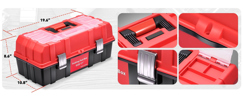 Tool Box Organizer Portable 3-layer Folding Toolbox with Non-slip Handle Tray for Garage, Workshop and On-the-Go Repairs, Red/Black