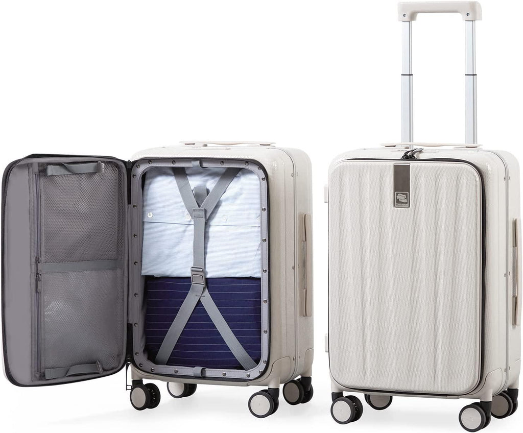Carry On Luggage, Suitcase with Wheels &amp; Front Opening, 20in Spinner Luggage Built in TSA Aluminum Frame PC Hardside Rolling Suitcases Travel Bag - Ivory white