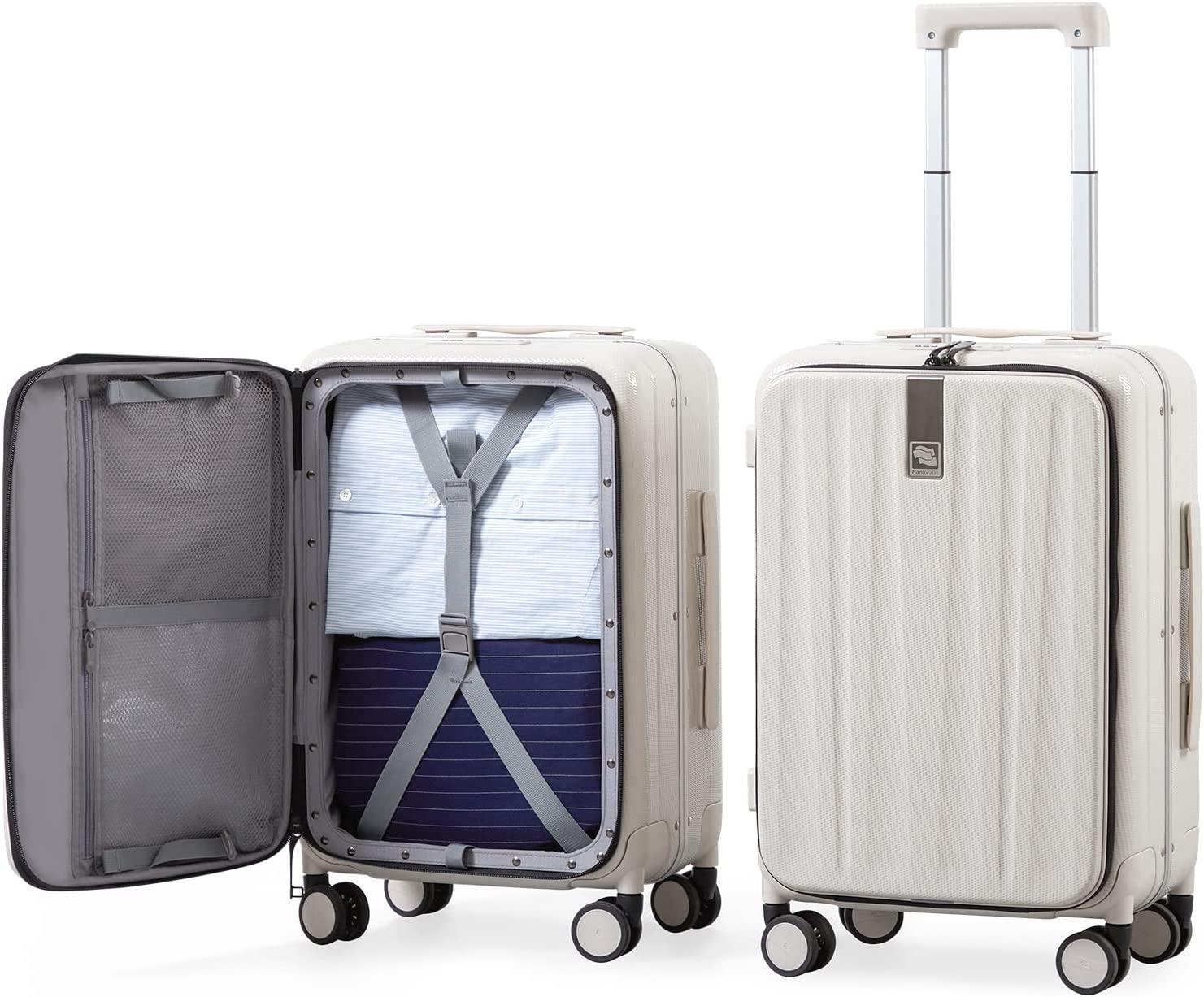 Carry On Luggage, Suitcase with Wheels &amp; Front Opening, 20in Spinner Luggage Built in TSA Aluminum Frame PC Hardside Rolling Suitcases Travel Bag - Ivory white