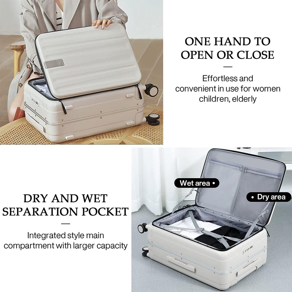 Carry On Luggage, Suitcase with Wheels &amp; Front Opening, 20in Spinner Luggage Built in TSA Aluminum Frame PC Hardside Rolling Suitcases Travel Bag - Ivory white