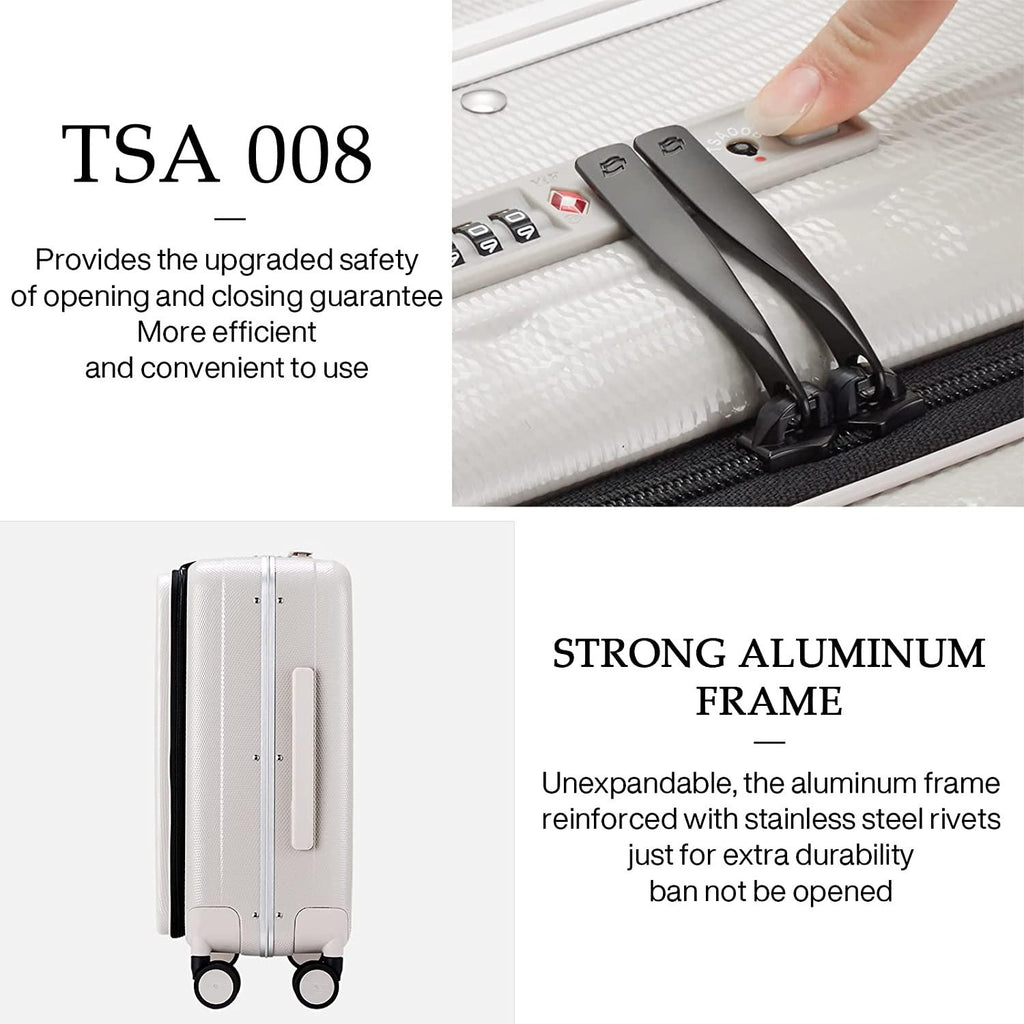 Carry On Luggage, Suitcase with Wheels &amp; Front Opening, 20in Spinner Luggage Built in TSA Aluminum Frame PC Hardside Rolling Suitcases Travel Bag - Ivory white