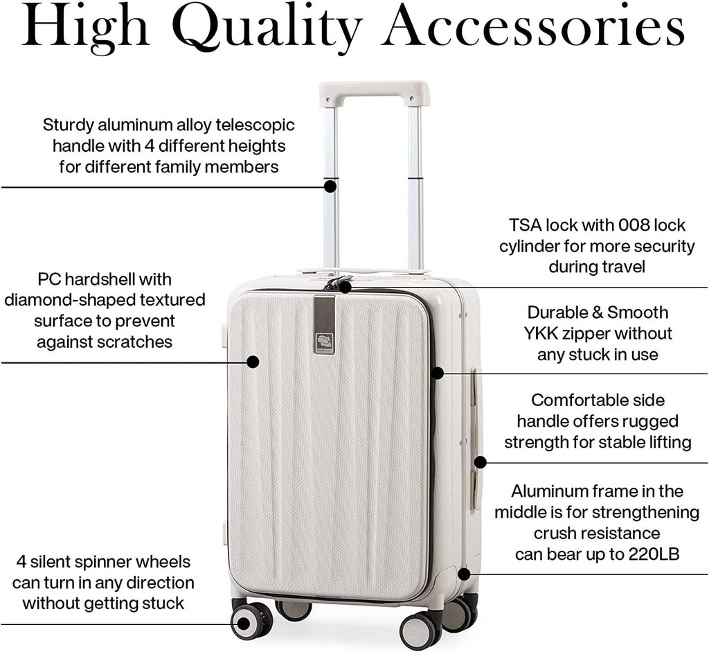 Carry On Luggage, Suitcase with Wheels &amp; Front Opening, 20in Spinner Luggage Built in TSA Aluminum Frame PC Hardside Rolling Suitcases Travel Bag - Ivory white