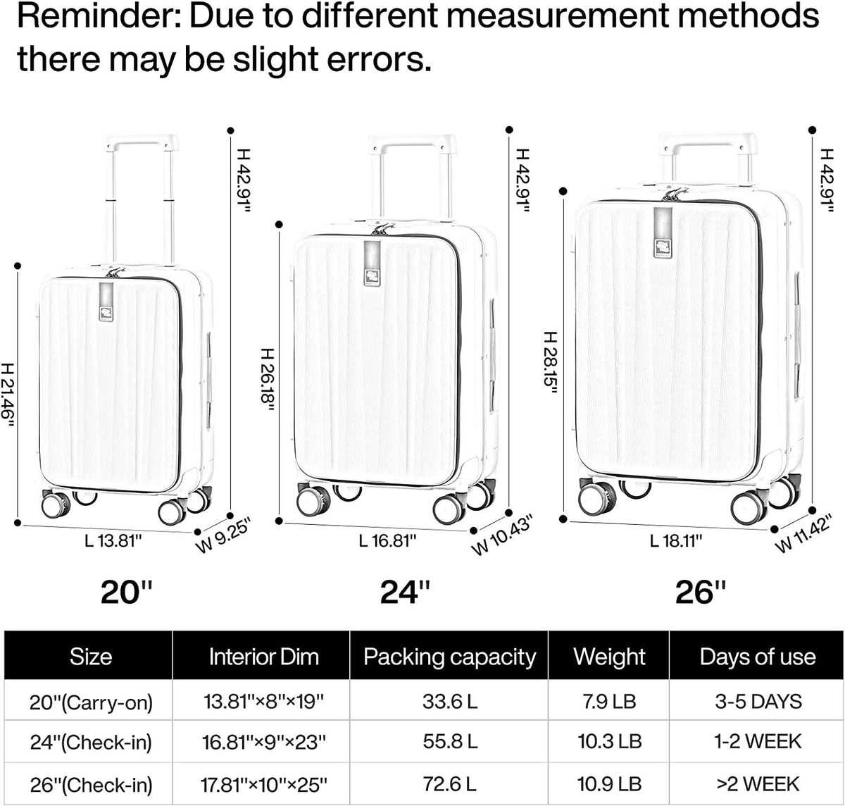 Carry On Luggage, Suitcase with Wheels &amp; Front Opening, 20in Spinner Luggage Built in TSA Aluminum Frame PC Hardside Rolling Suitcases Travel Bag - Ivory white