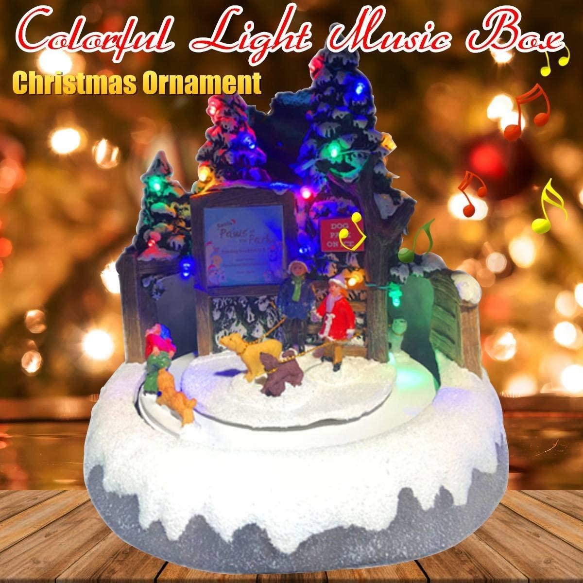 ZMDZA Miniature Resin Christmas Scene Lighted Animated Rotating Santa Claus with Colorful Light Music Box Holiday Decoration