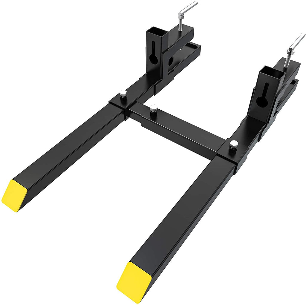 yintatech clamp on heavy duty pallet forks 43" 1500lbs capacity with adjustable stabilizer bar for loader bucket skidsteer tractor