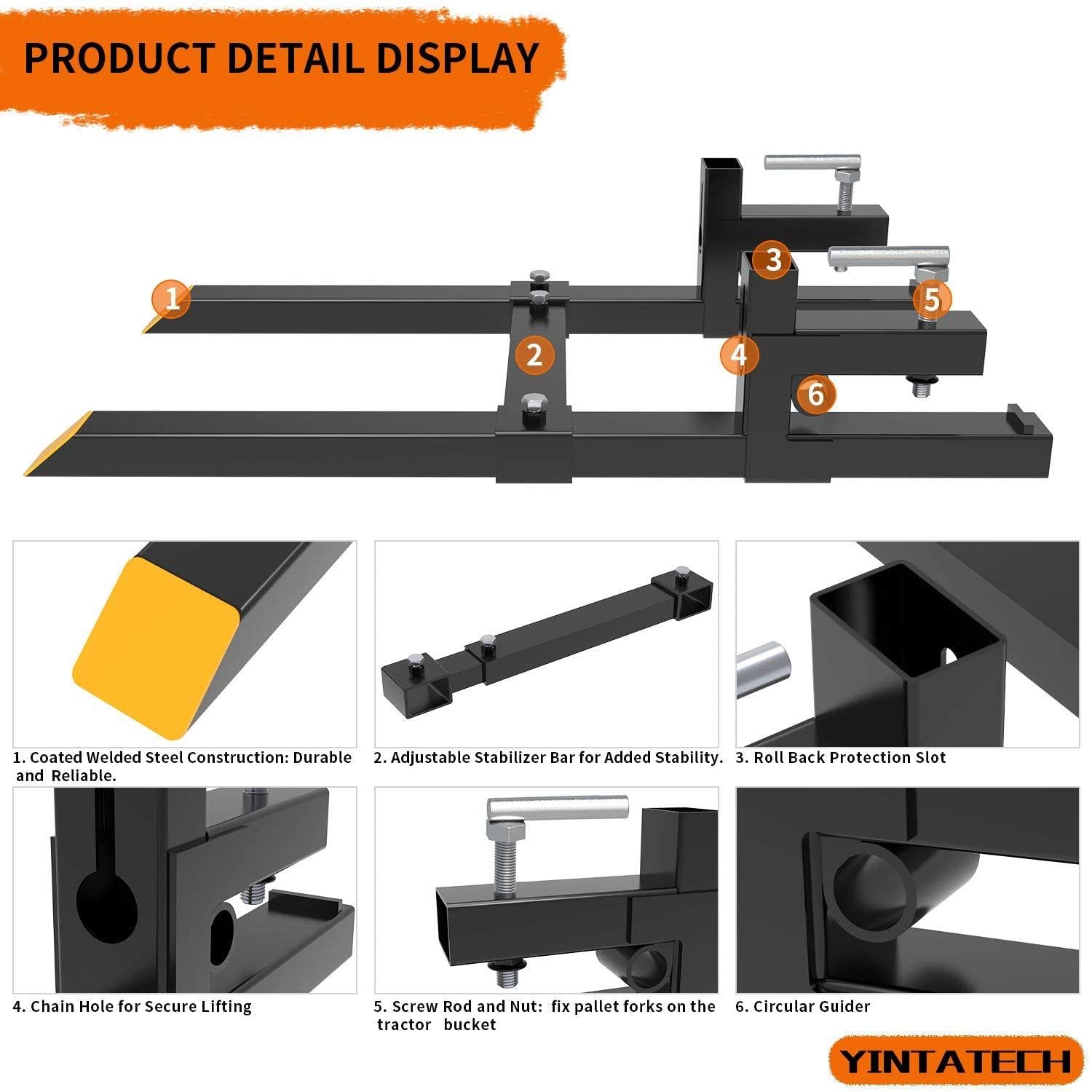 yintatech 60" clamp on pallet forks 1500lbs hd pallet forks with adjustable stabilizer bar for loader bucket skidsteer tractor