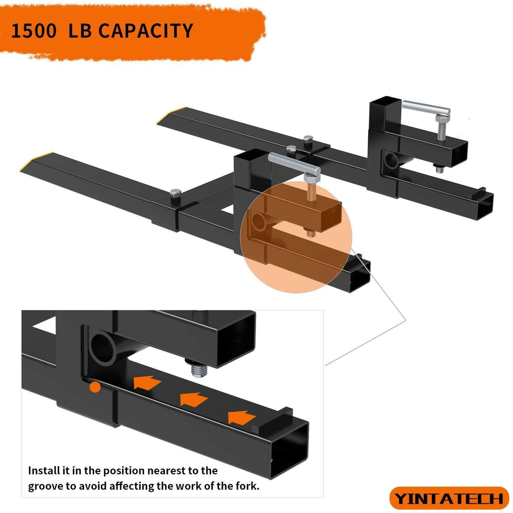 yintatech 60" clamp on pallet forks 1500lbs hd pallet forks with adjustable stabilizer bar for loader bucket skidsteer tractor