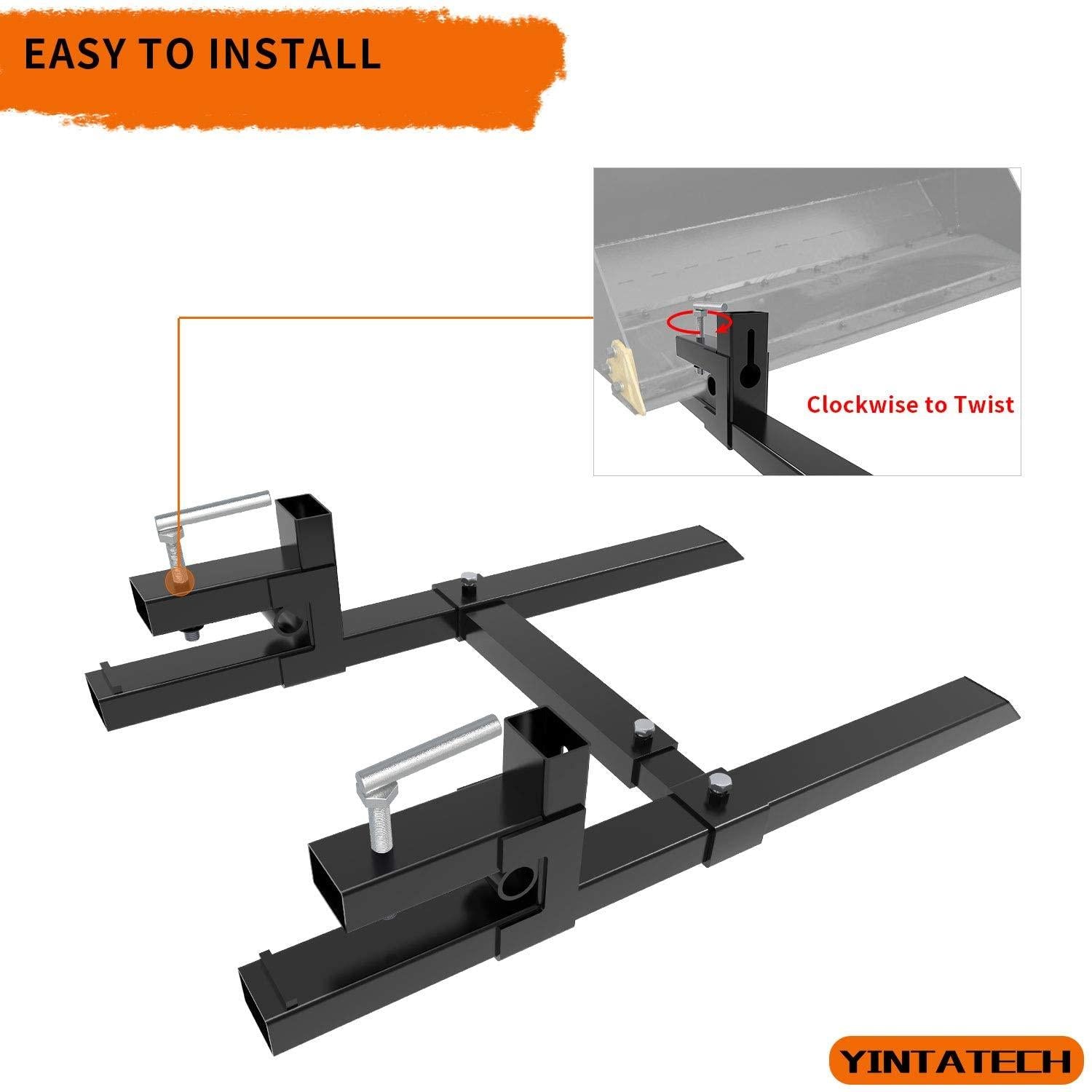 yintatech clamp on heavy duty pallet forks 43" 1500lbs capacity with adjustable stabilizer bar for loader bucket skidsteer tractor