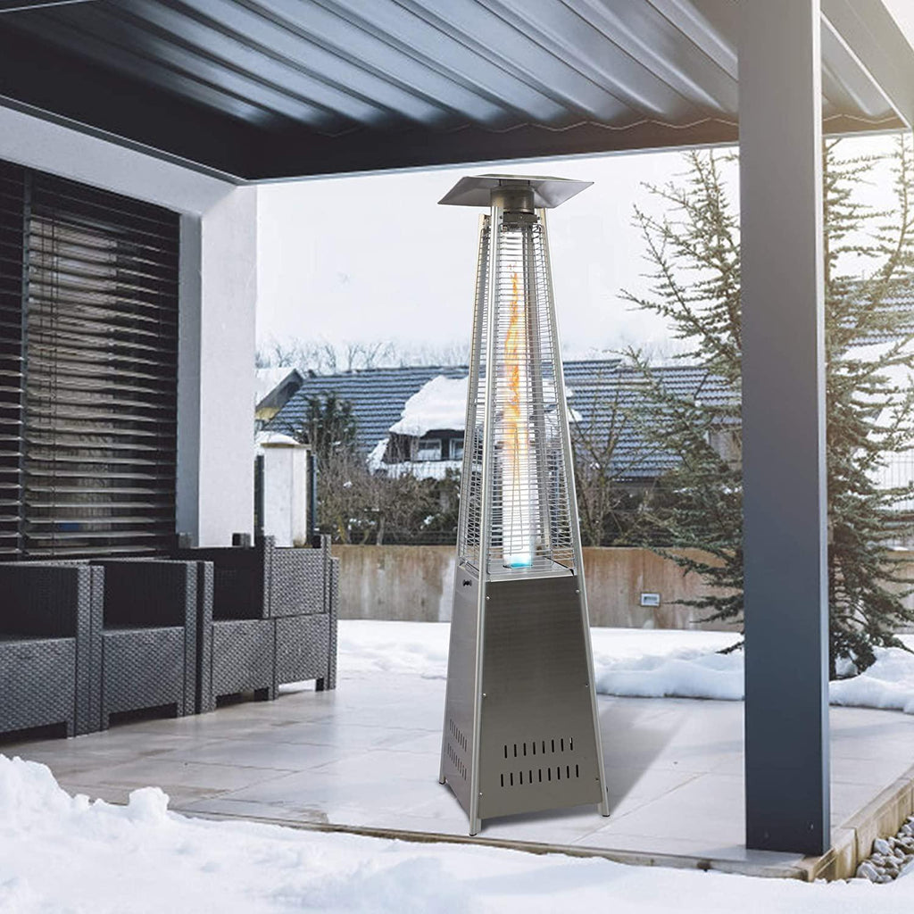 KARMAS PRODUCT Outdoor Patio Heater, Pyramid Standing Gas LP Propane Heater with Wheels 87 inches Tall 42000 BTU for Commercial Courtyard (Silver)