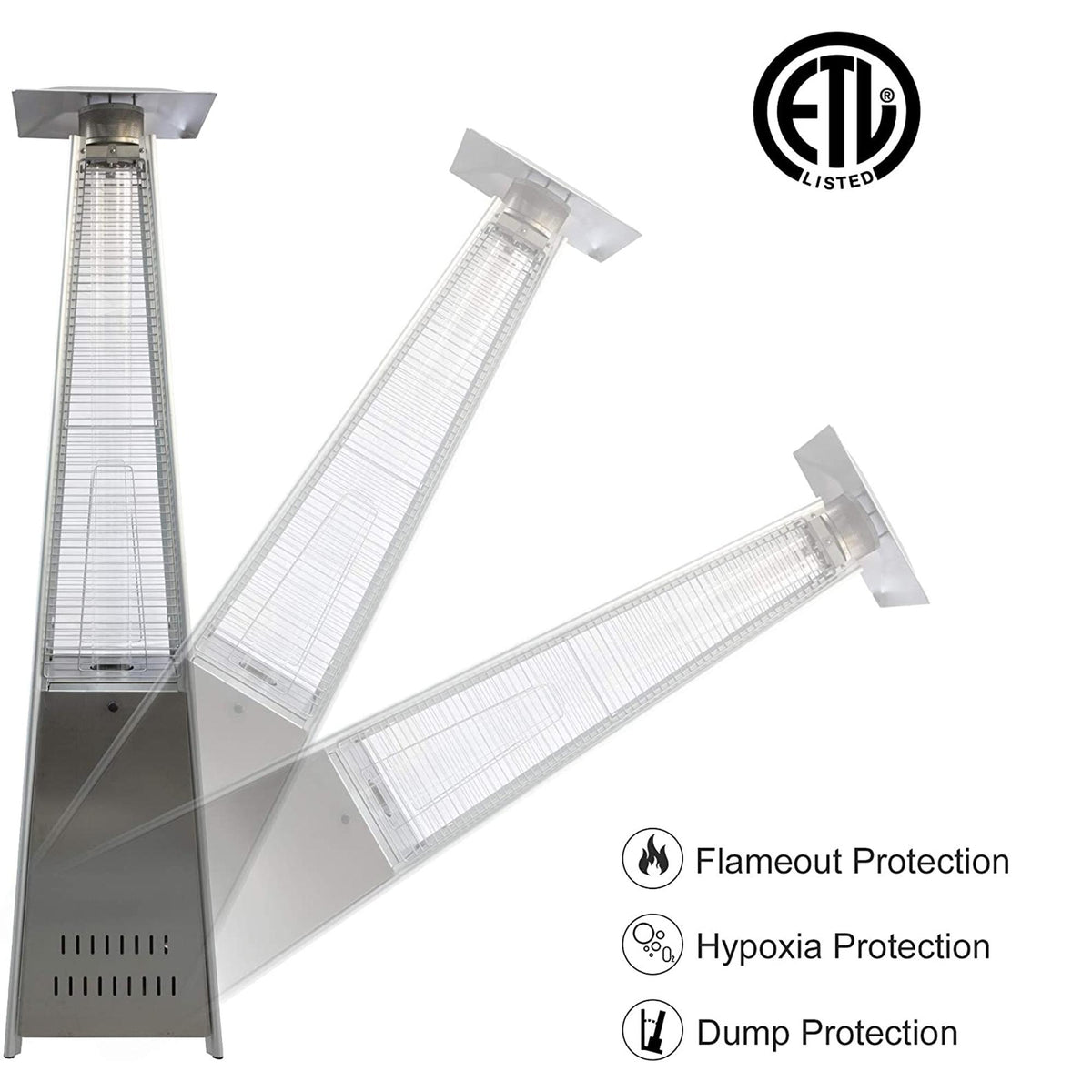 KARMAS PRODUCT Outdoor Patio Heater, Pyramid Standing Gas LP Propane Heater with Wheels 87 inches Tall 42000 BTU for Commercial Courtyard (Silver)
