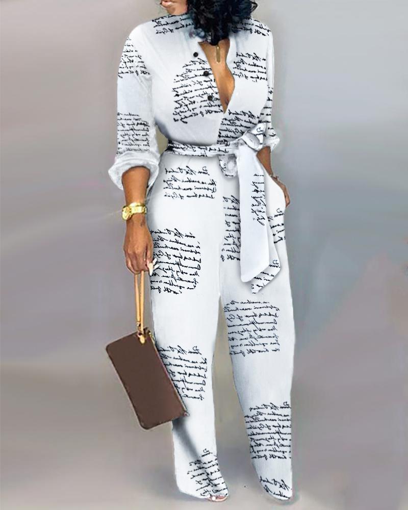 letter print casual knotted jumpsuit