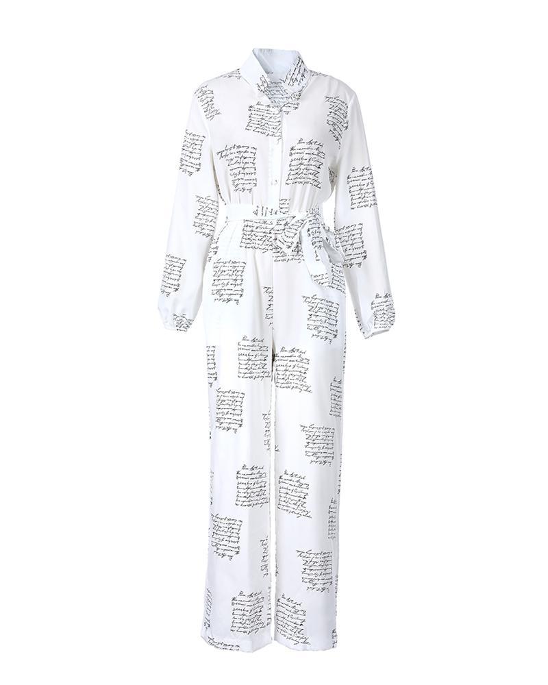 letter print casual knotted jumpsuit