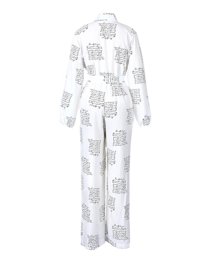 letter print casual knotted jumpsuit