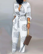 letter print casual knotted jumpsuit