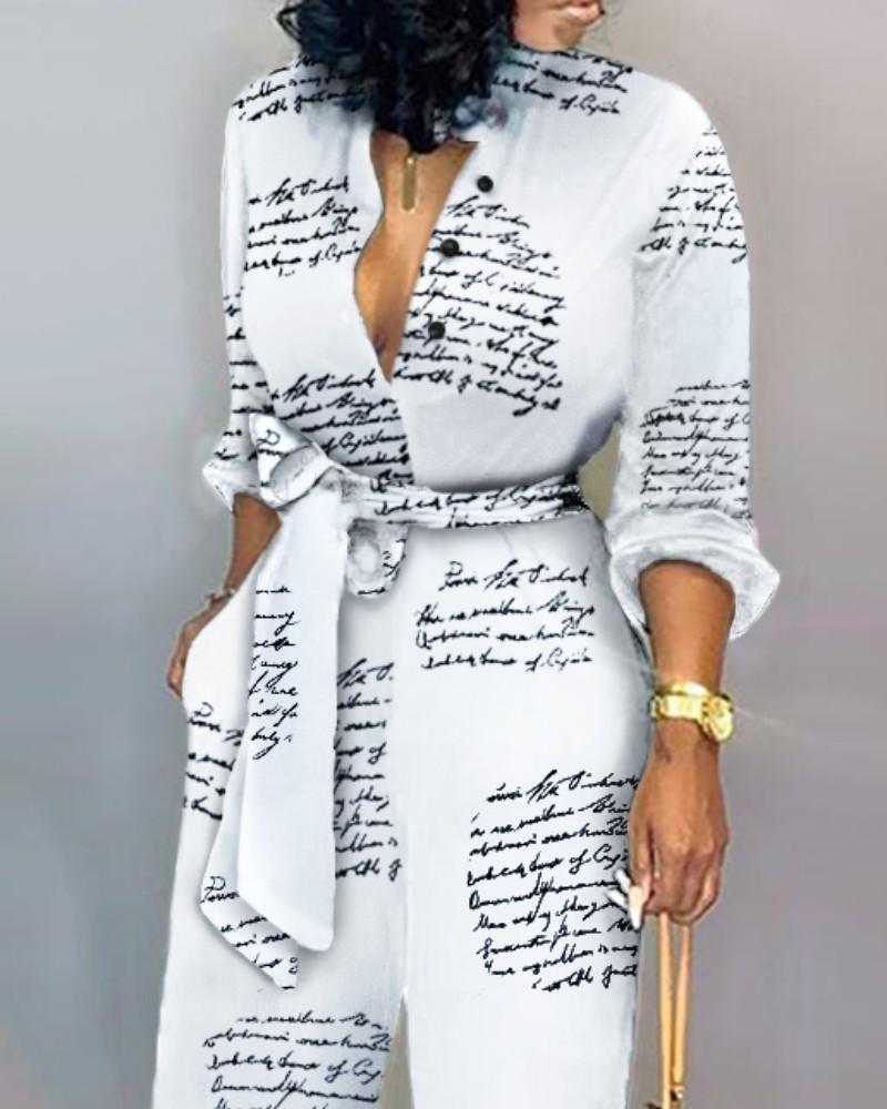 letter print casual knotted jumpsuit