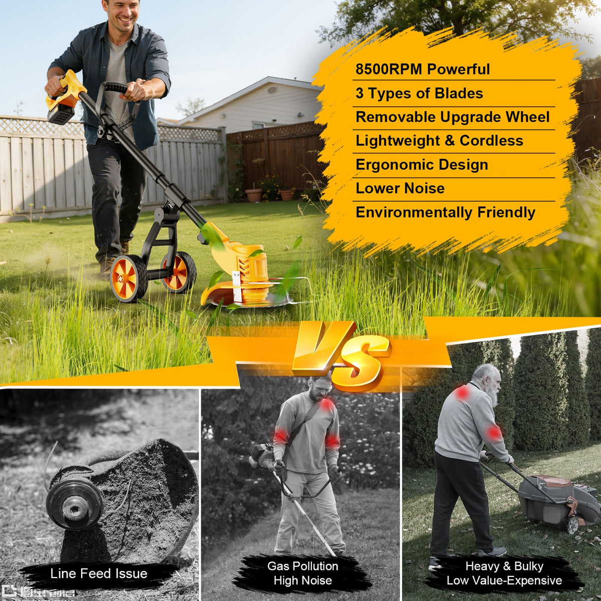 Electric Weed Wacker Cordless with Wheels,Electric Weed Eater Battery Powered,4 in 1 Grass Trimmer/Brush Cutter/Grass Edger/Small Lawn Mower,No String Trimmer with Metal Blade,2 Battery