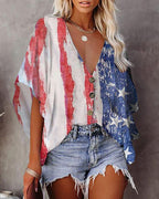 floral print button front batwing sleeve top