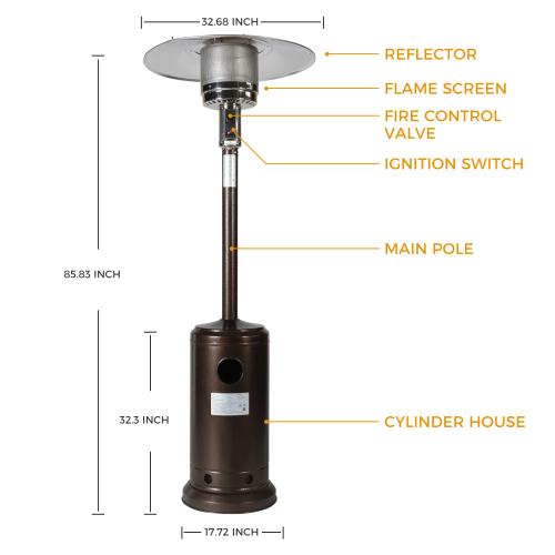 RTR 46000Btu Propane Hammered Bronze Powder Coated Iron Mushroom Outdoor Patio Heater, With Two Smooth-Rolling Wheels,,With Hose Set,With Black Cover