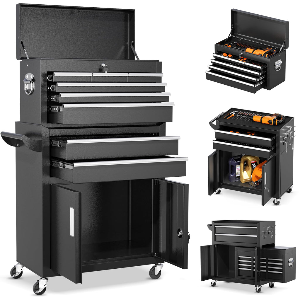 8-Drawers Rolling Tool Chest, Assembled Tool Chest with Wheels, Detachable Top Tool Box, Tool Cabinet for Repair Room,Warehouse, Rolling Tool Box with Hooks,Tray Divider,Liners(Black)