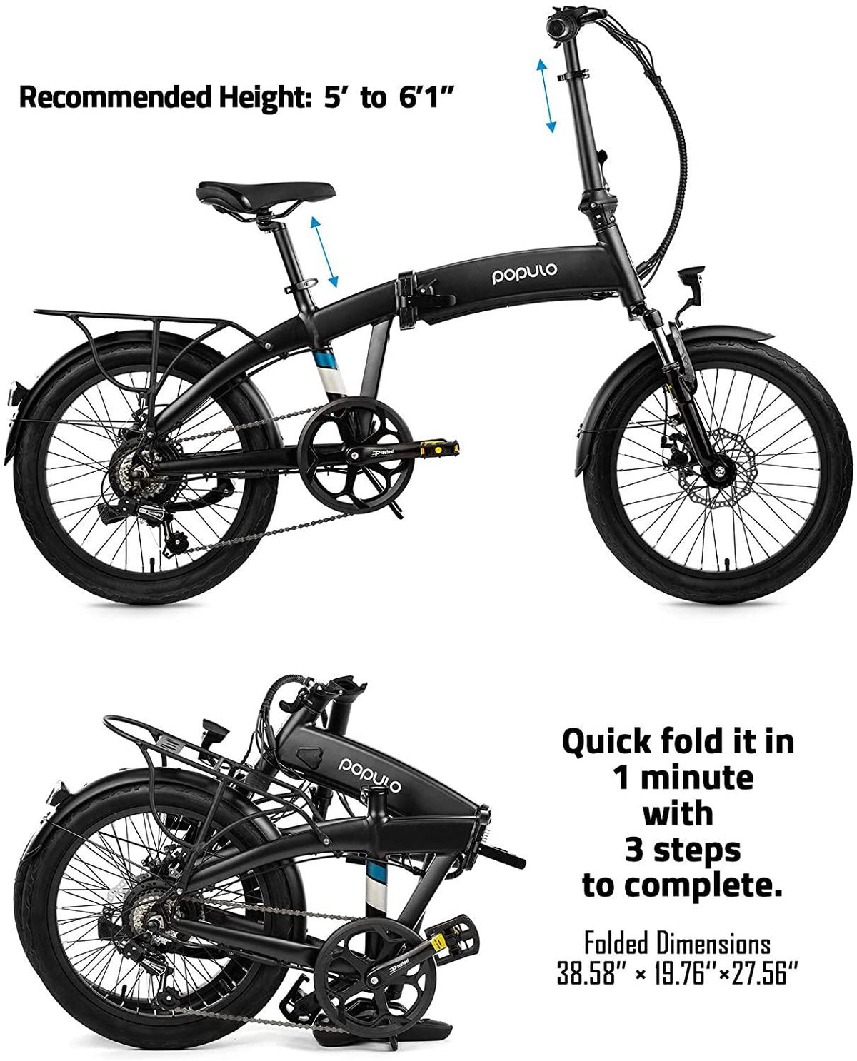 Populo 20'' Folding Electric Bike for Adults, Curve 250W 36V E-Bike, Lightweight Aluminum Ebike with Suspension Fork, Lights &amp; Rear Rack Included, USB Charge.