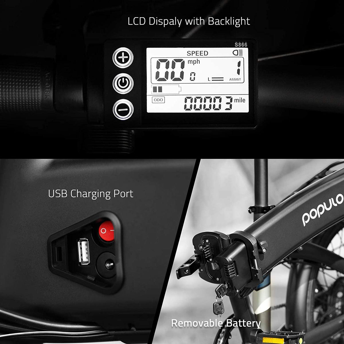 Populo 20'' Folding Electric Bike for Adults, Curve 250W 36V E-Bike, Lightweight Aluminum Ebike with Suspension Fork, Lights &amp; Rear Rack Included, USB Charge.