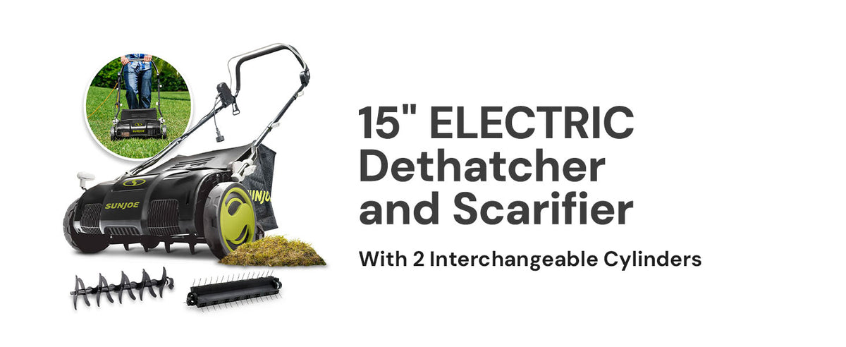 15-Inch Electric Powered Lawn Dethatcher with Scarifier Blade Reel and Collection Bag - 13-Amp Corded Yard Power Rake Tool Machine for Grass Thatch Removal, AJ805E