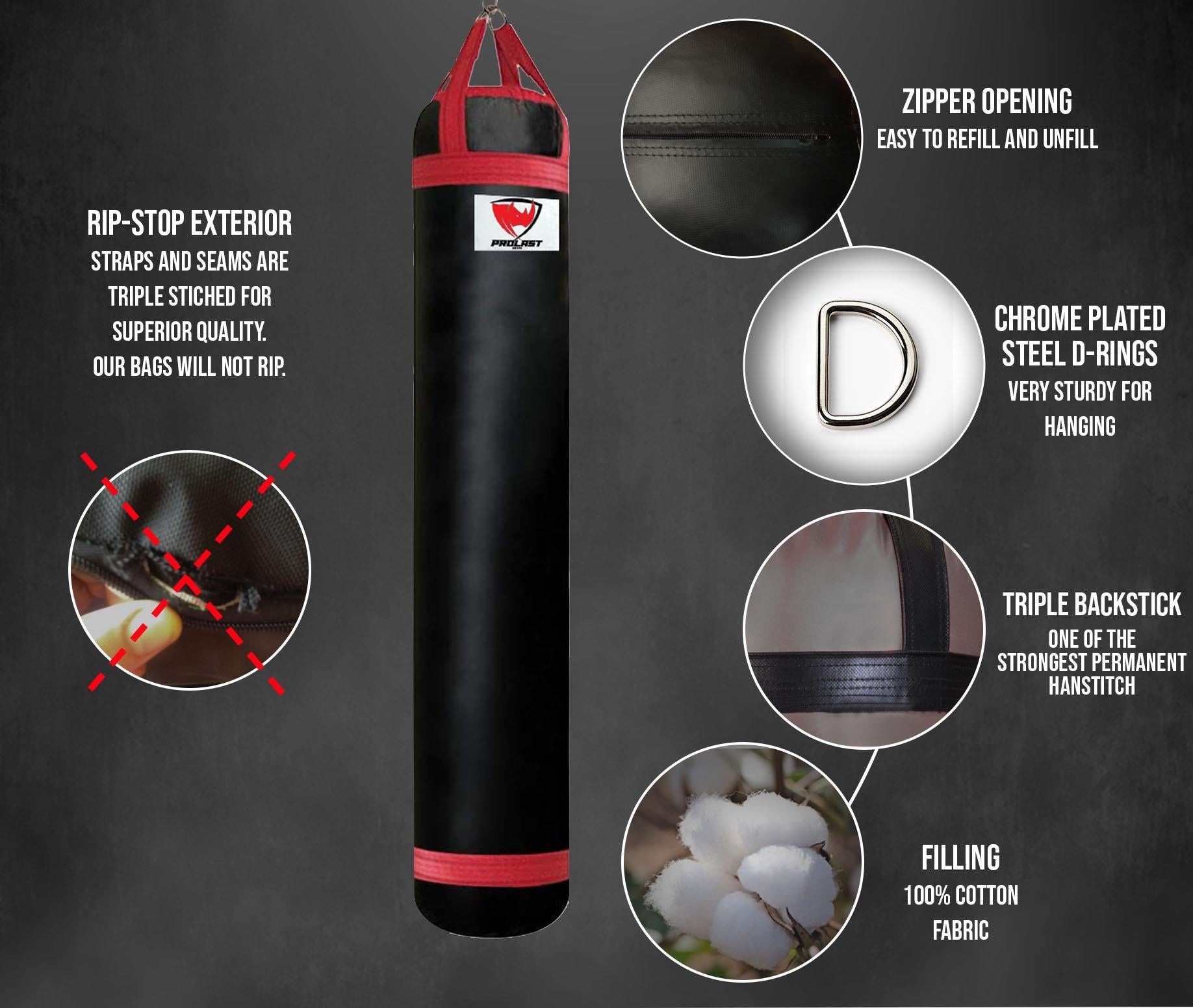 PROLAST Heavy Punching Bag 6 FT 150 LB - Banana Bag Great for Kickboxing, MMA and Muay Thai. Colored Trims/ Straps ( Black and Red )