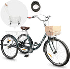 Viribus Adult Three Wheel Tricycle Single Speed Hybrid Cargo Cruiser Trike Bike with Removable Wheeled Basket Bell for Shopping or Dogs Dustproof Bag Exercise Bicycle (Green/26)