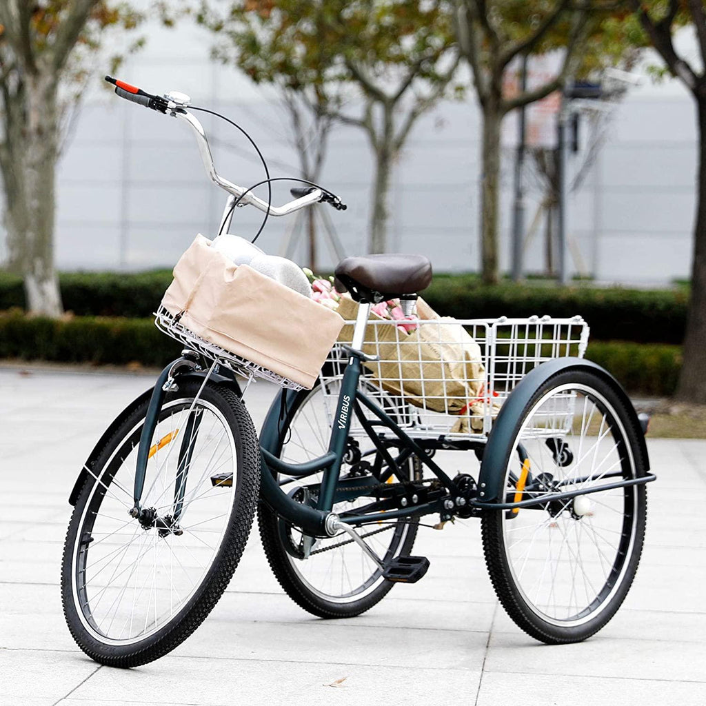 Viribus Adult Three Wheel Tricycle Single Speed Hybrid Cargo Cruiser Trike Bike with Removable Wheeled Basket Bell for Shopping or Dogs Dustproof Bag Exercise Bicycle (Green/26)