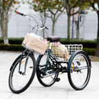 Viribus Adult Three Wheel Tricycle Single Speed Hybrid Cargo Cruiser Trike Bike with Removable Wheeled Basket Bell for Shopping or Dogs Dustproof Bag Exercise Bicycle (Green/26)