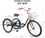 Viribus Adult Three Wheel Tricycle Single Speed Hybrid Cargo Cruiser Trike Bike with Removable Wheeled Basket Bell for Shopping or Dogs Dustproof Bag Exercise Bicycle (Green/26)