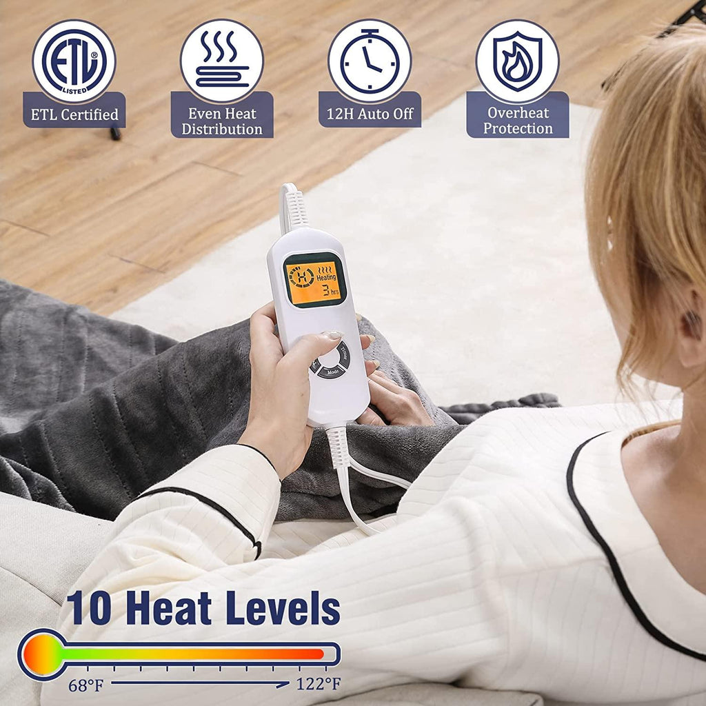 Aukfa Electric Heated Blanket Throw  72u201D x 84u201D Soft Flannel Electric Blanket  10 Heat Levels &amp; 12 Hours Timer Auto Off  Fast Heating Blanket for Home Office Use  ETL Certifi