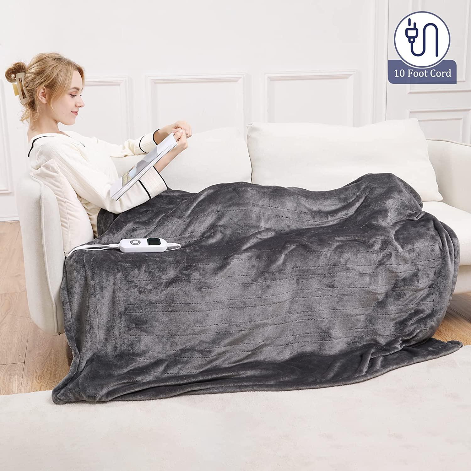 Aukfa Electric Heated Blanket Throw  72u201D x 84u201D Soft Flannel Electric Blanket  10 Heat Levels &amp; 12 Hours Timer Auto Off  Fast Heating Blanket for Home Office Use  ETL Certifi