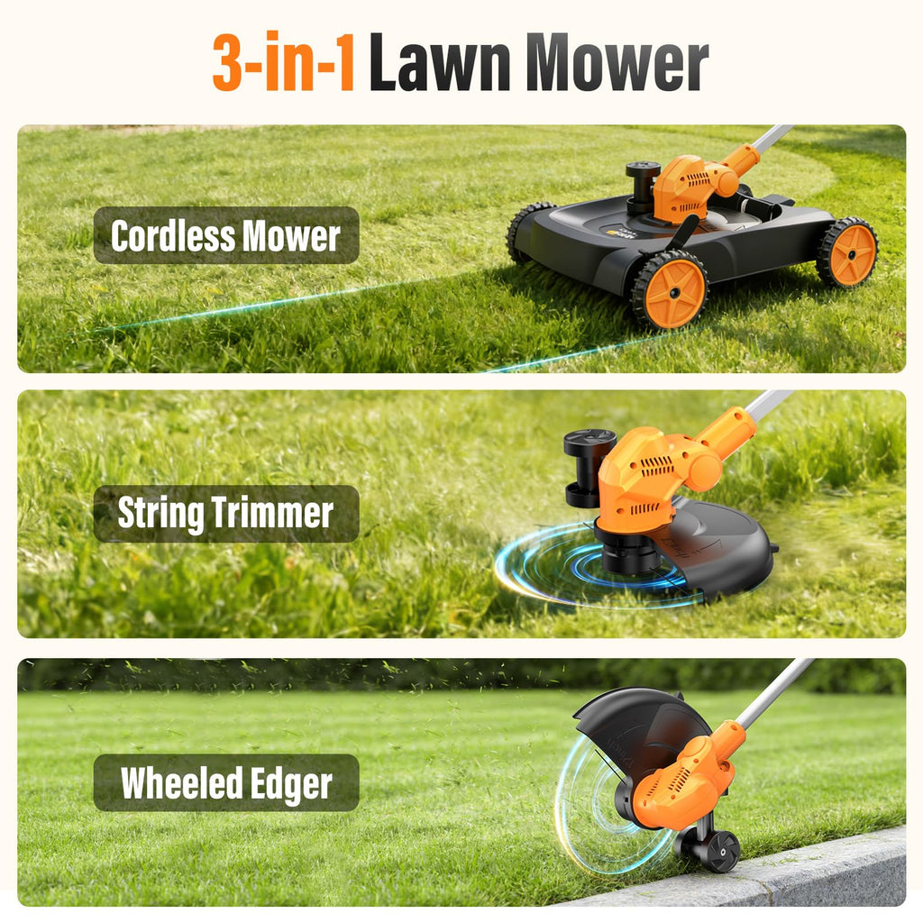 18.9" Cordless Lawn Mower, String Trimmer &amp; Wheeled Edger 3-in-1 Combo, Brushless 2 * 4.0Ah Batteries, 3 Blades, Adjustable Height &amp; Angle Electric Weed Eater and Lawnmower