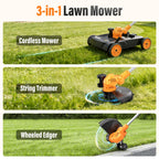 18.9" Cordless Lawn Mower, String Trimmer &amp; Wheeled Edger 3-in-1 Combo, Brushless 2 * 4.0Ah Batteries, 3 Blades, Adjustable Height &amp; Angle Electric Weed Eater and Lawnmower