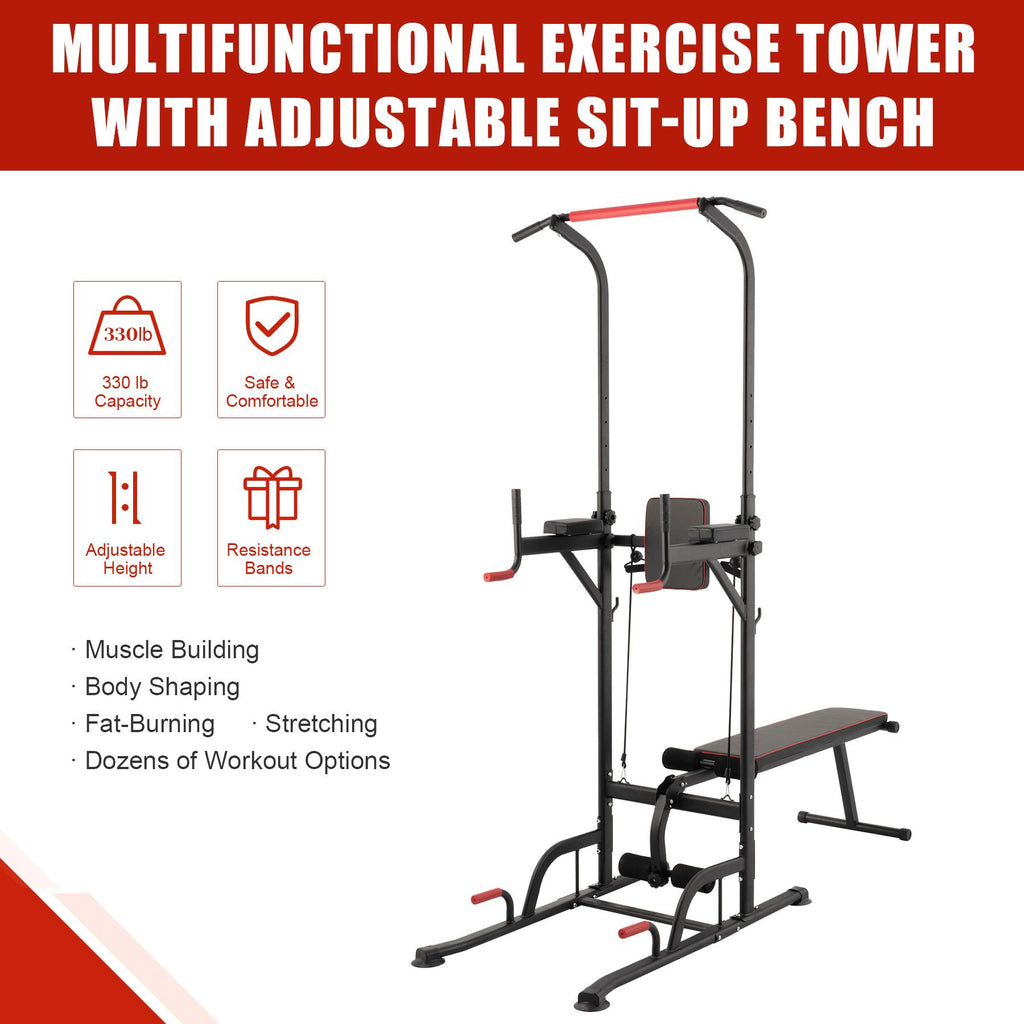 Power Tower Pullup Bar Dip Station with Situp Bench Home Gym Workout Equipment
