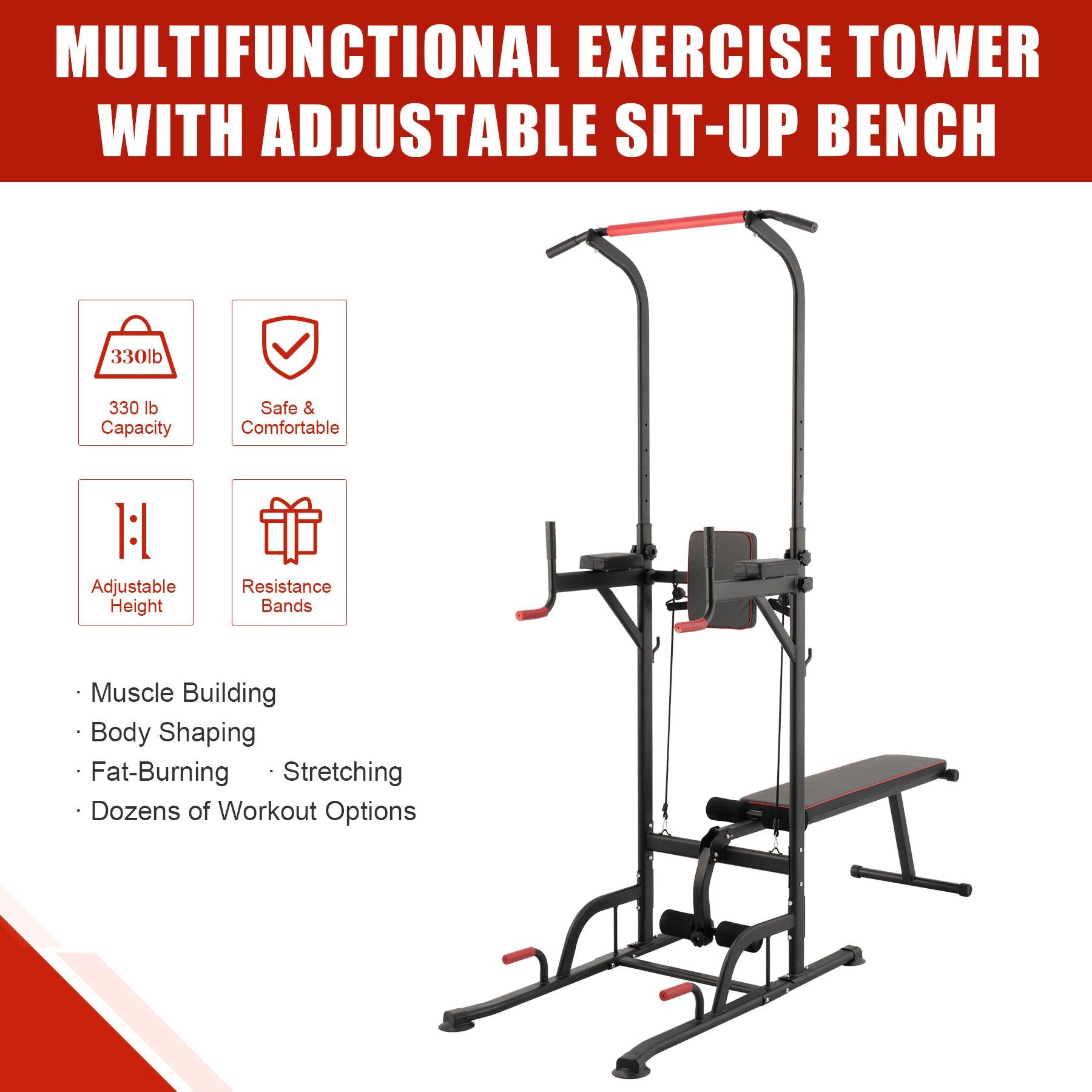 Power Tower Pullup Bar Dip Station with Situp Bench Home Gym Workout Equipment