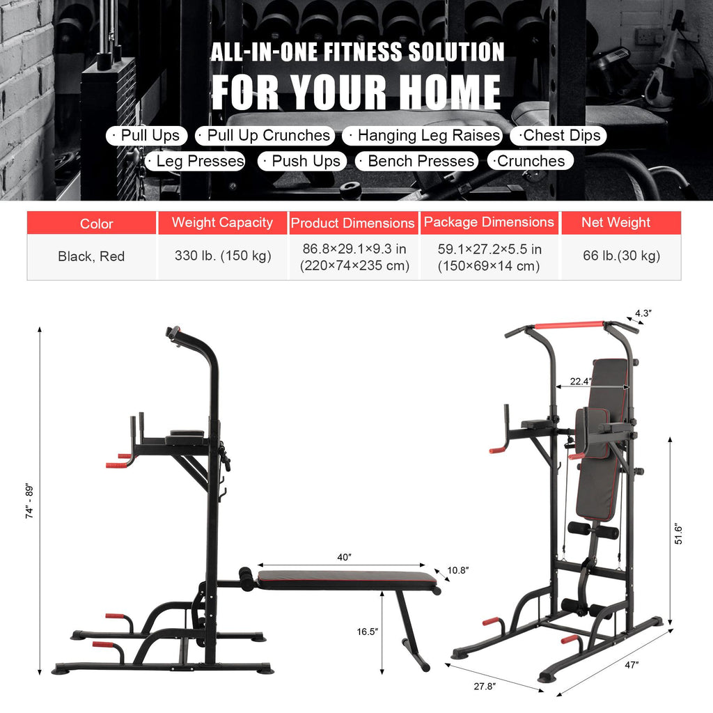 Power Tower Pullup Bar Dip Station with Situp Bench Home Gym Workout Equipment