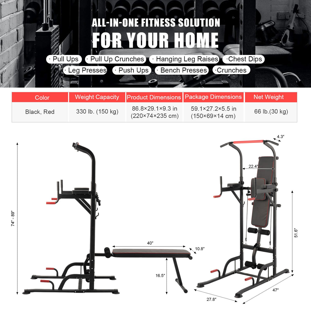Power Tower Pullup Bar Dip Station with Situp Bench Home Gym Workout Equipment