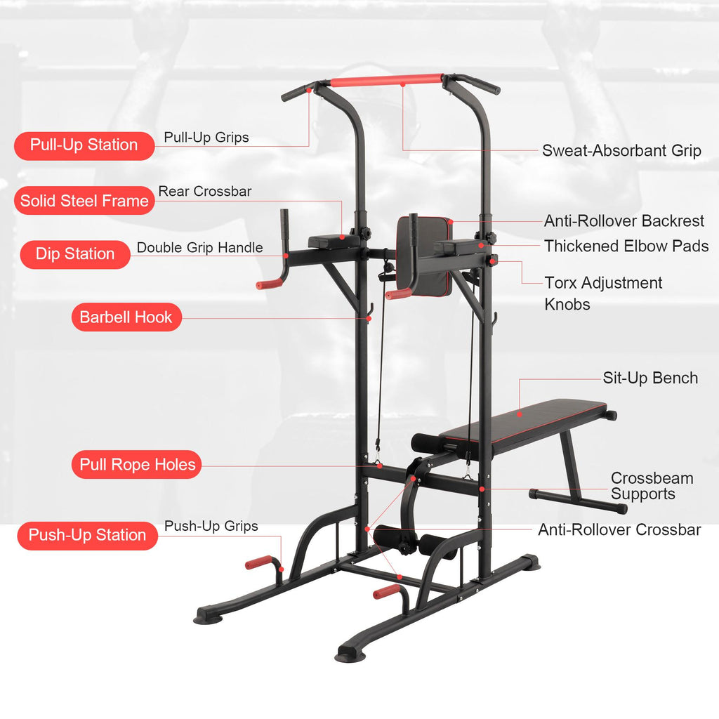 Power Tower Pullup Bar Dip Station with Situp Bench Home Gym Workout Equipment