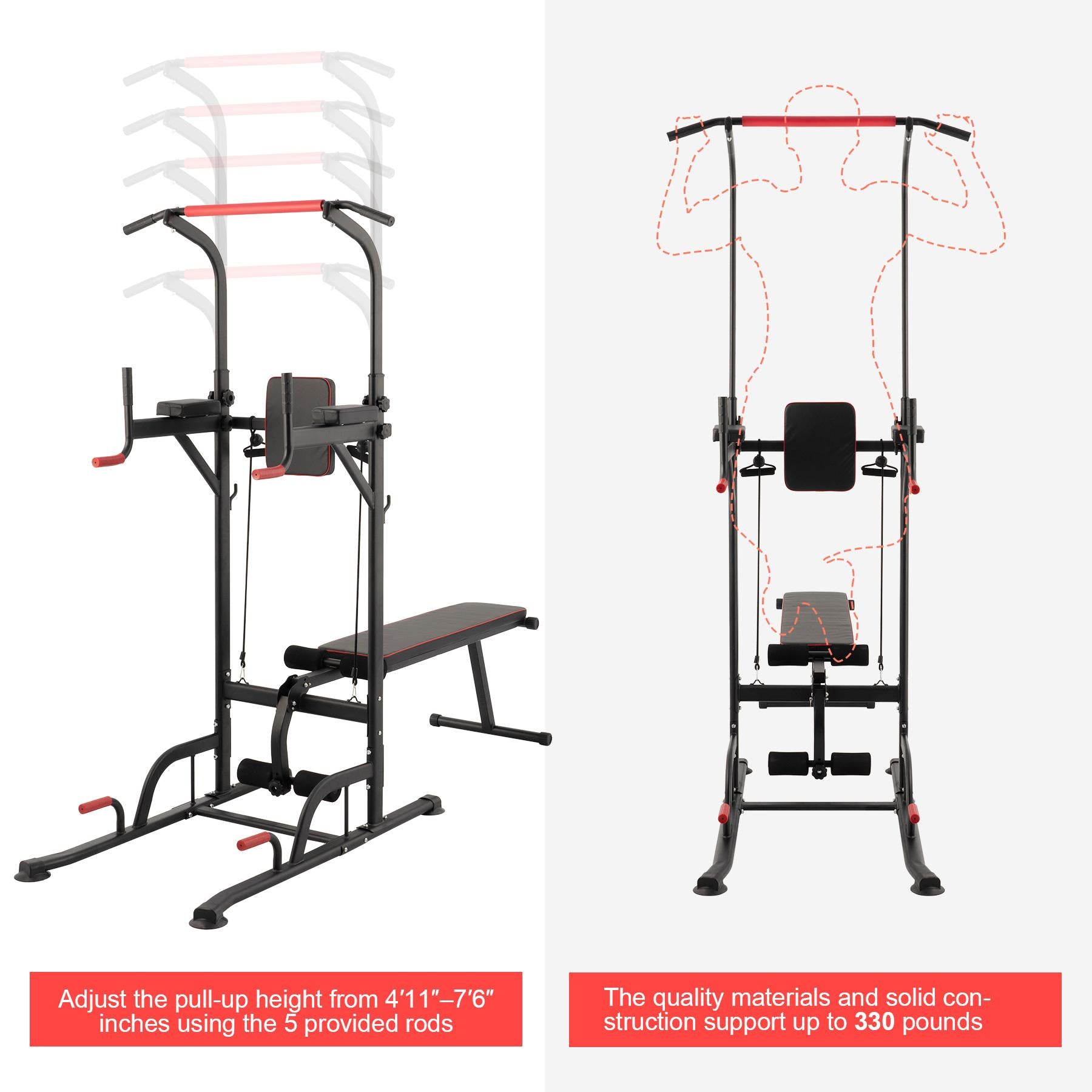 Power Tower Pullup Bar Dip Station with Situp Bench Home Gym Workout Equipment