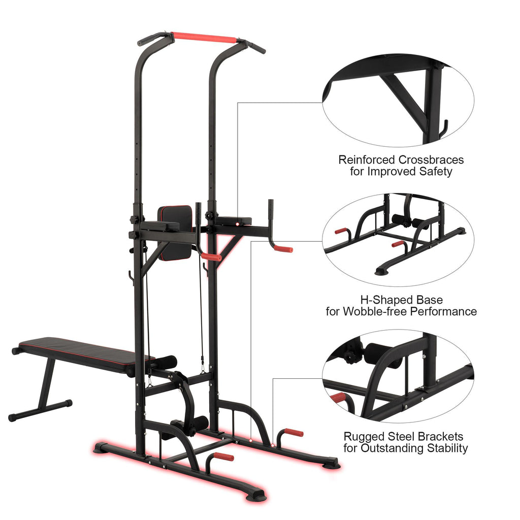 Power Tower Pullup Bar Dip Station with Situp Bench Home Gym Workout Equipment