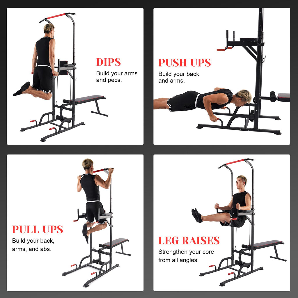 Power Tower Pullup Bar Dip Station with Situp Bench Home Gym Workout Equipment