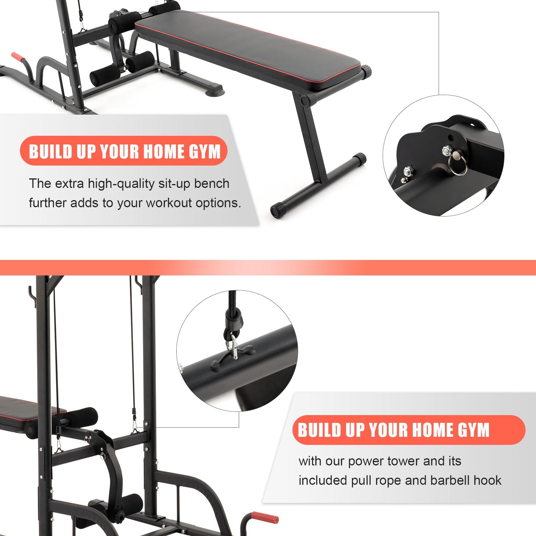 Power Tower Pullup Bar Dip Station with Situp Bench Home Gym Workout Equipment