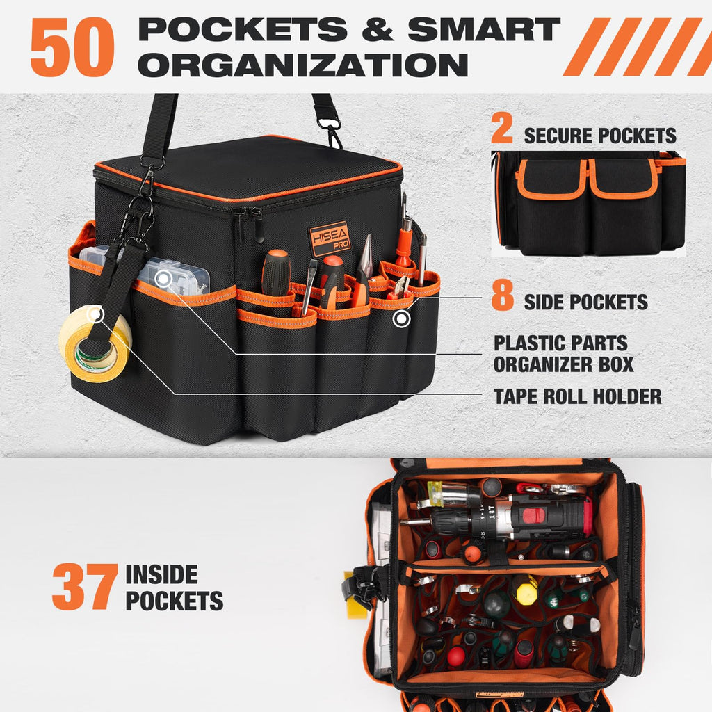 10-Inch Tool Bag Organizer with 50 Pockets, 1680D Waterproof Tool Box | with Screw StoraBox, -in Bottom Support, Shoulder Strap, Durable Oxford, Tool Storafor Mechanic, Electrician