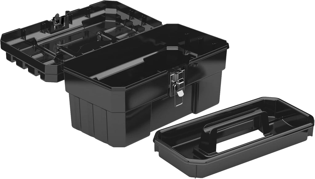 14-Inch Plastic Toolbox with Removable Tray, Steel Latch & Padlock Eye, Industrial-Grade Tool Box for Tools, Crafts, First Aid & Hobby Supplies, 14" x 8" x 8", Made in USA, Black (09514)