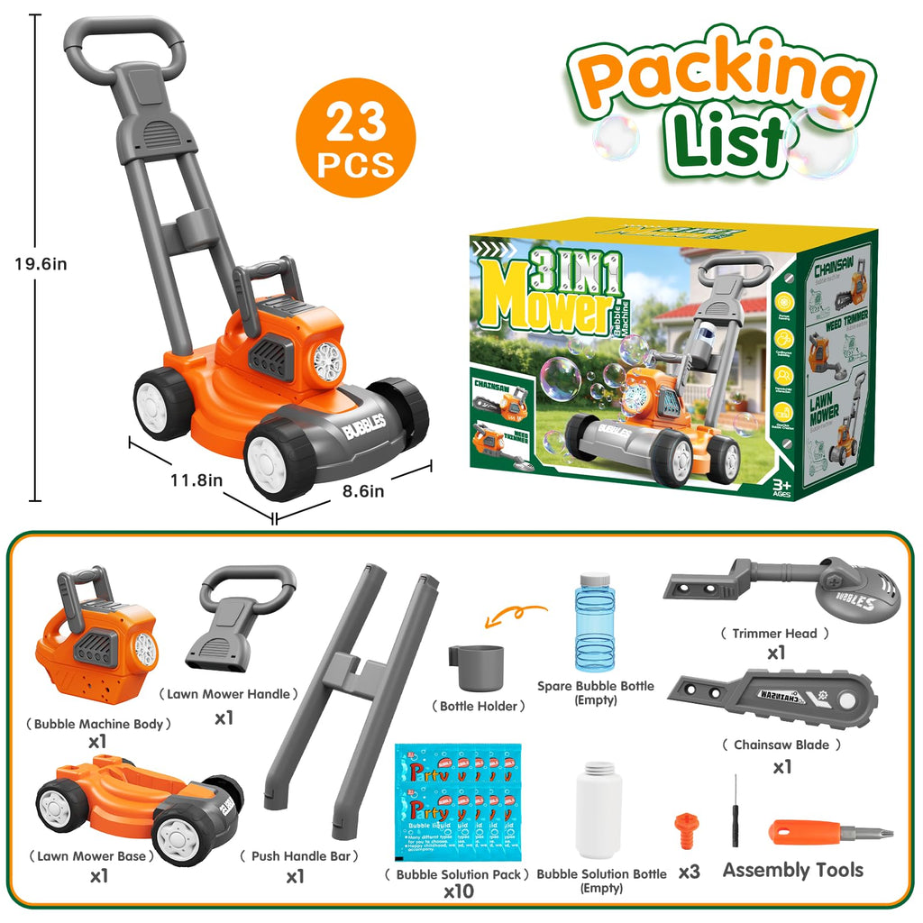 Bubble Lawn Mower for Kids,3-in-1 Bubble Machine Blower Toy Ages 3-8 Oran| Automatic Bubble Blower,10 Solution Packs,Pretend Gardening Play,Push Toy for Toddlers,Summer Outdoor Gift for Boys and Girls