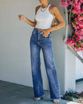 high waist pocket design fringe hem jeans